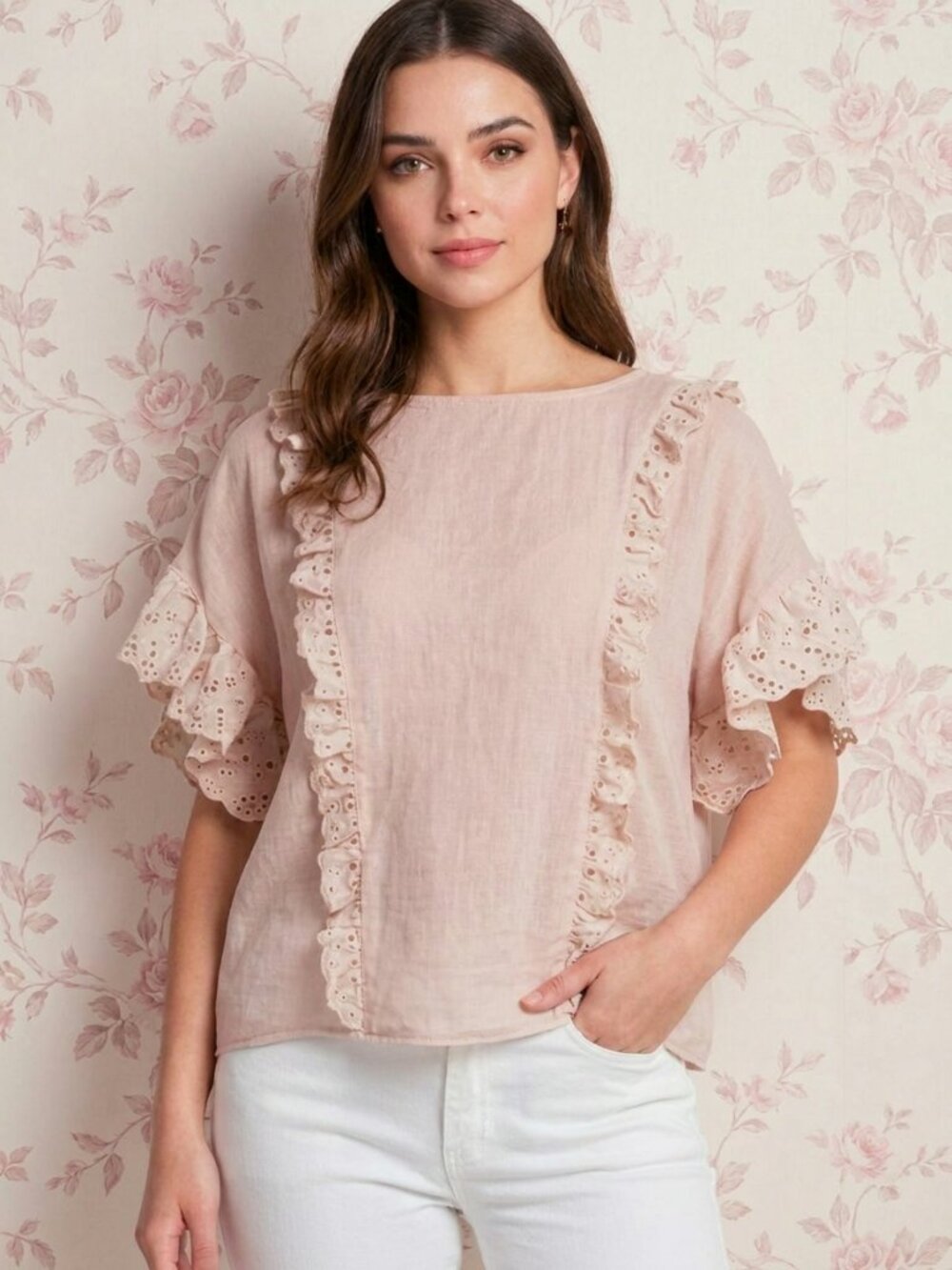 ALLSAINTS Women’s Isa Tee Ruffled Eyelet-Detail Pale Pink Cotton Top Size Large